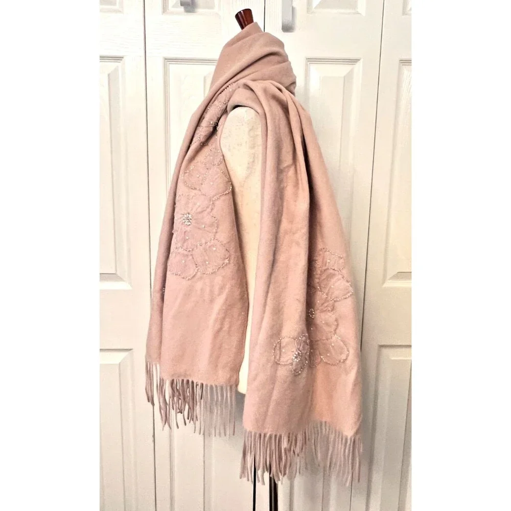 New JOIE Scarf Wrap 100% Wool Blush Pink Beaded Floral Sequin Fringe Soft Winter
